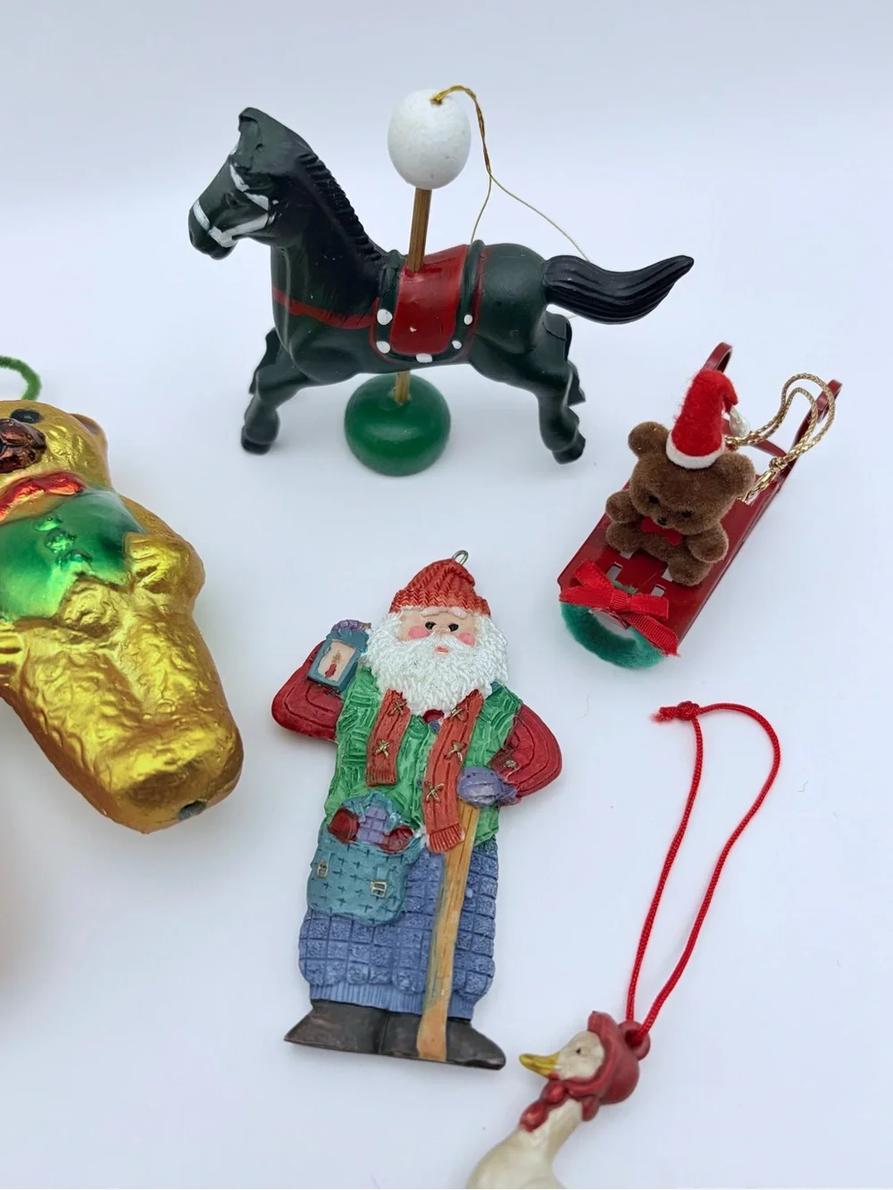 Vintage 6 Assorted Christmas Ornaments Bears Horse Farm Animals Santa Bear